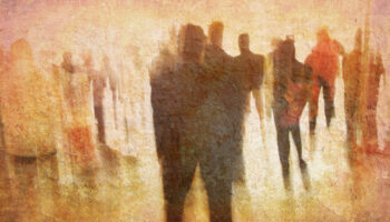 The shadows of people projected against a beige background, like a dream or nightmare