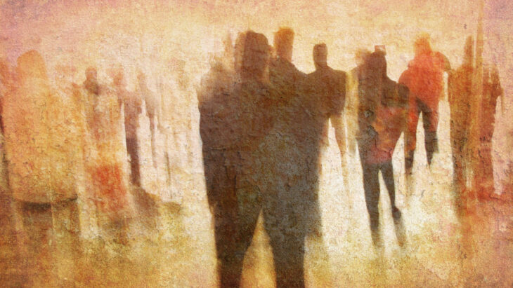 The shadows of people projected against a beige background, like a dream or nightmare