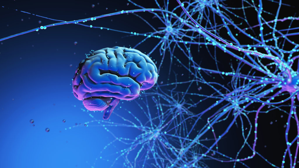 A 3d representation of a human brain, surrounded by firing neurons