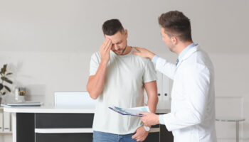 A man grips his head in pain while speaking with a doctor. Learn more about Xylazine (tranq) side effects, overdose risks, and detox help here