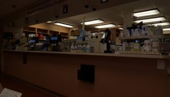 Interior pharmacy counter with medication supplies, equipment, and organized shelving behind service area
