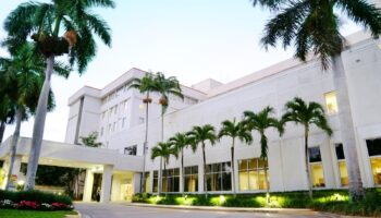 Exterior view of modern white multi-story hospital building with palm trees, landscaping, and illuminated entrance at dusk