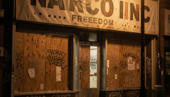 Exterior view of Narco Freedom Inc storefront at night with illuminated sign, boarded windows, and street-level entrance