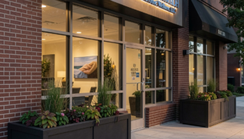 Exterior storefront at dusk showing illuminated Ascend signage, glass entrance doors, brick facade, and landscaped planters.